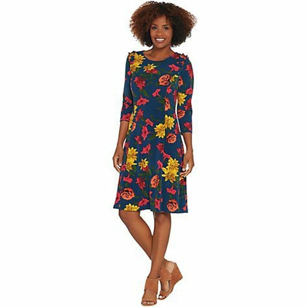 Susan Graver liquid knit floral Dark Teal and GoldenRod‎ Knee Length dress L XL
